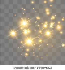 Dust sparks and golden stars shine with special light. Sparkling magical dust particles. Vector sparkles on a transparent background. Christmas light effect.