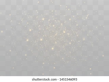 The dust sparks and golden stars shine with special light. Vector sparkles on a transparent background. Christmas light effect. Sparkling magical dust particles.