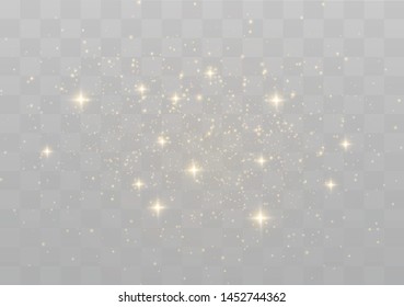 The dust sparks and golden stars shine with special light. Vector sparkles on a transparent background. Christmas light effect. Sparkling magical dust particles.