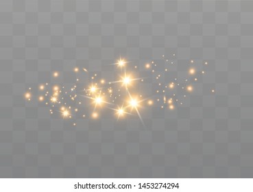 The dust sparks and golden stars shine with special light. Vector sparkles on a transparent background. Christmas light effect. Sparkling magical dust particles.