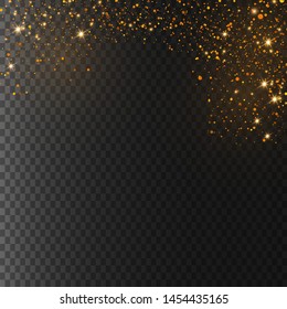 The dust sparks and golden stars shine with special light. Sparkling magical dust particles. Vector sparkles on a transparent background. Christmas light effect.