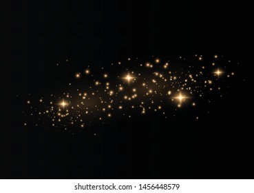 The dust sparks and golden stars shine with special light. Vector sparkles on a transparent background. Christmas light effect. Sparkling magical dust particles.