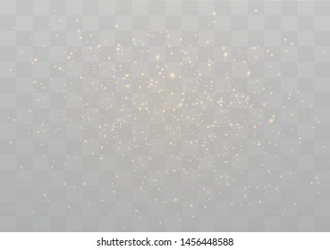 The dust sparks and golden stars shine with special light. Vector sparkles on a transparent background. Christmas light effect. Sparkling magical dust particles.