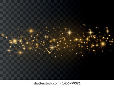 The dust sparks and golden stars shine with special light. Vector sparkles on a transparent background. Christmas light effect. Sparkling magical dust particles.