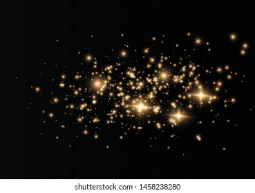 The dust sparks and golden stars shine with special light. Vector sparkles on a transparent background. Christmas light effect. Sparkling magical dust particles.