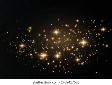 The dust sparks and golden stars shine with special light. Vector sparkles on a transparent background. Christmas light effect. Sparkling magical dust particles.