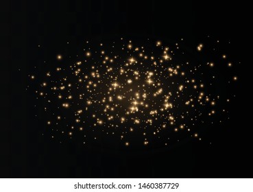 The dust sparks and golden stars shine with special light. Vector sparkles on a transparent background. Christmas light effect. Sparkling magical dust particles.