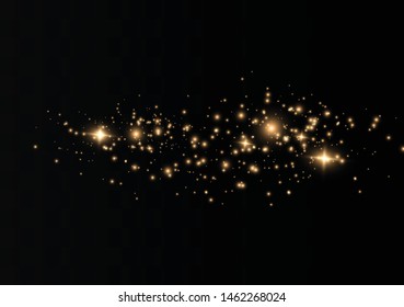 The dust sparks and golden stars shine with special light. Vector sparkles on a transparent background. Christmas light effect. Sparkling magical dust particles.