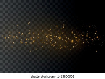 The dust sparks and golden stars shine with special light. Vector sparkles on a transparent background. Christmas light effect. Sparkling magical dust particles.