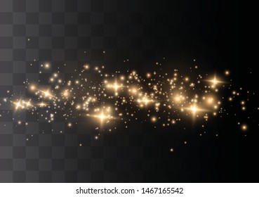 The dust sparks and golden stars shine with special light. Vector sparkles on a transparent background. Christmas light effect. Sparkling magical dust particles