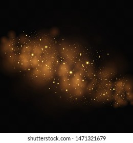 The dust sparks and golden stars shine with special light. Vector sparkles on a transparent background. Christmas light effect. Sparkling magical dust particles.