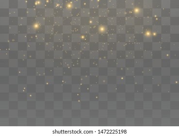 The dust sparks and golden stars shine with special light. Vector sparkles on a transparent background. Christmas light effect. Sparkling magical dust particles
