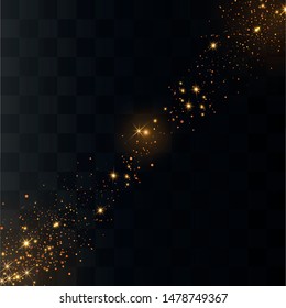 The dust sparks and golden stars shine with special light. Sparkling magical dust particles. Vector sparkles on a transparent background.