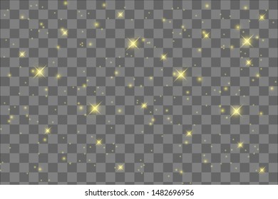 The dust sparks and golden stars shine with special light. Vector sparkles on a transparent background. 