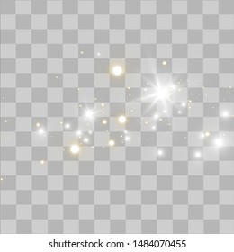 The dust sparks and golden stars shine with special light. Vector sparkles on a transparent background. Christmas light effect. Sparkling magical dust particles.