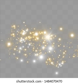 The dust sparks and golden stars shine with special light. Vector sparkles on a transparent background. Christmas light effect. Sparkling magical dust particles.