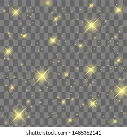 The dust sparks and golden stars shine with special light. Vector sparkles on a transparent background. 