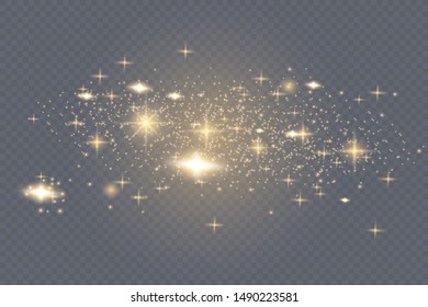 The dust sparks and golden stars shine with special light. Vector sparkles on a transparent background. Christmas light effect. Sparkling magical dust particles.