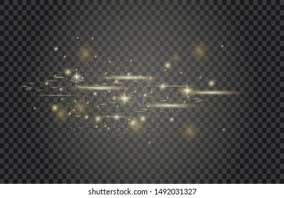 The dust sparks and golden stars shine with special light. Vector sparkles on a transparent background. Christmas light effect. Sparkling magical dust particles