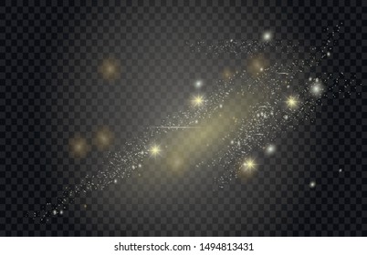 The dust sparks and golden stars shine with special light. Vector sparkles on a transparent background. Christmas light effect. Sparkling magical dust particles