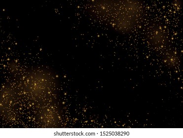 The dust sparks and golden stars shine with special light, bokeh effect. Vector sparkles on a transparent background. Christmas light effect. Sparkling magical dust particles.