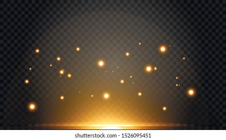 The dust sparks and golden stars shine with special light. Vector sparkles on a transparent background. Christmas light effect. Sparkling magical dust particles.