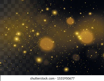 The dust sparks and golden stars shine with special light. Vector sparkles on a transparent background. Christmas light effect. Sparkling magical dust particles.