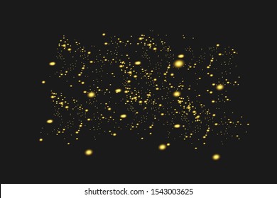 The dust sparks and golden stars shine with special light. Vector sparkles on a black background. 