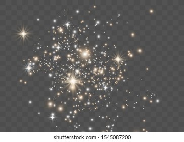 The dust sparks and golden stars shine with special light. Vector sparkles on a transparent background. Christmas light effect. Sparkling magical dust particles.