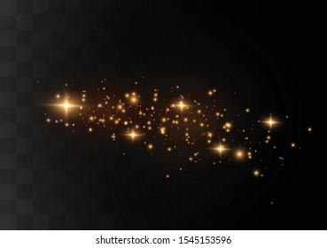 The dust sparks and golden stars shine with special light. Vector sparkles on a transparent background. Christmas light effect. Sparkling magical dust particles.