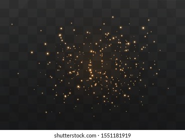 The dust sparks and golden stars shine with special light. Vector sparkles on a transparent background. Christmas light effect.