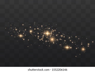 The dust sparks and golden stars shine with special light. Vector sparkles on a transparent background. Christmas light effect.