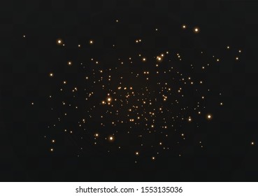 The dust sparks and golden stars shine with special light. Vector sparkles on a transparent background. Christmas light effect.