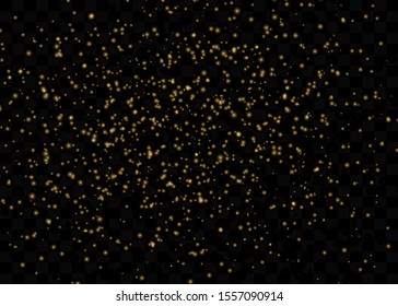 The dust sparks and golden stars shine with special light. Vector sparkles on a transparent background. Christmas light effect.