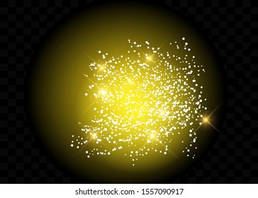 The dust sparks and golden stars shine with special light. Vector sparkles on a transparent background. Christmas light effect.