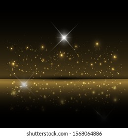 The dust sparks and golden stars shine with special light. Vector sparkles on a transparent background. Christmas light effect. Sparkling magical dust particles.