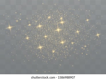 The dust sparks and golden stars shine with special light. Vector sparkles on a transparent background. Christmas light effect. Sparkling magical dust particles.