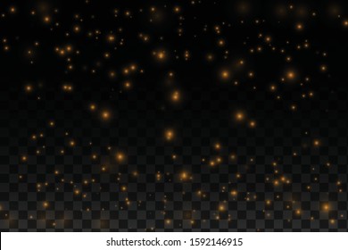 The dust sparks and golden stars shine with special light. Vector sparkles on a transparent background. Christmas light effect. Sparkling magical dust particles.