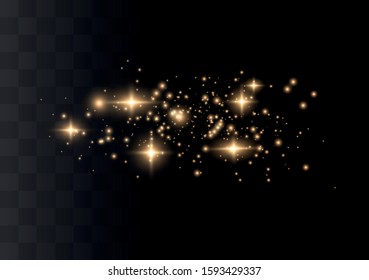 The dust sparks and golden stars shine with special light. Vector sparkles on a transparent background. Christmas light effect. Sparkling magical dust particles.