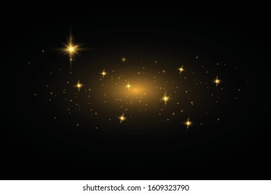 The dust sparks and golden stars shine with special light. Vector sparkles on a transparent background. Christmas light effect. Sparkling magical dust particles.