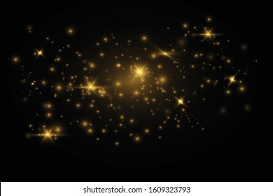 The dust sparks and golden stars shine with special light. Vector sparkles on a transparent background. Christmas light effect. Sparkling magical dust particles.