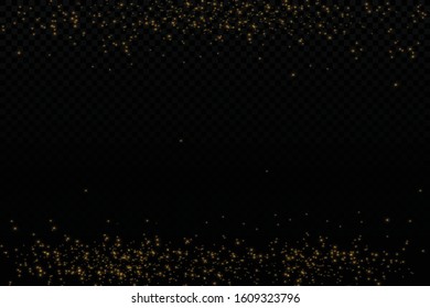 The dust sparks and golden stars shine with special light. Vector sparkles on a transparent background. Christmas light effect. Sparkling magical dust particles.