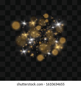 The dust sparks and golden stars shine with special light. Vector sparkles on a transparent background. Christmas light effect. Sparkling magical dust particles.