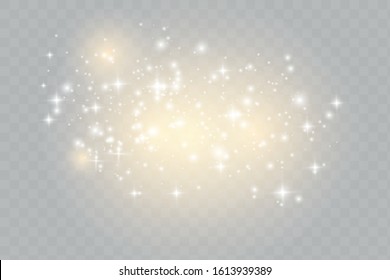 The dust sparks and golden stars shine with special light. Vector sparkles on a transparent background. Christmas light effect. Sparkling magical dust particles.