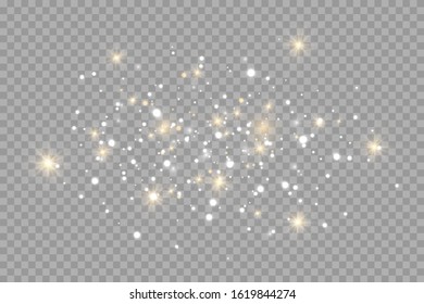 The dust sparks and golden stars shine with special light. Vector sparkles on a transparent background. Christmas light effect. Sparkling magical dust particles.