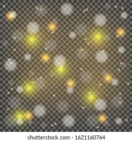 The dust sparks and golden stars shine with special light. Vector sparkles on a transparent background. Christmas light effect. Sparkling magical dust particles.