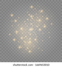 The dust sparks and golden stars shine with special light. Vector sparkles on a transparent background. Christmas light effect. Sparkling magical dust particles.