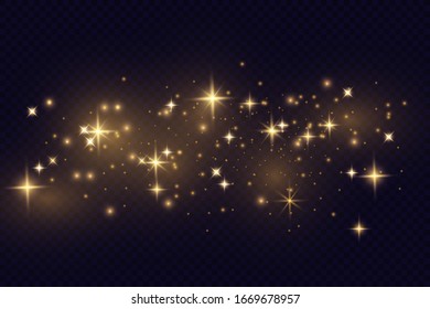 The dust sparks and golden stars shine with special light. Vector sparkles on a transparent background. Christmas light effect. Sparkling magical dust particles