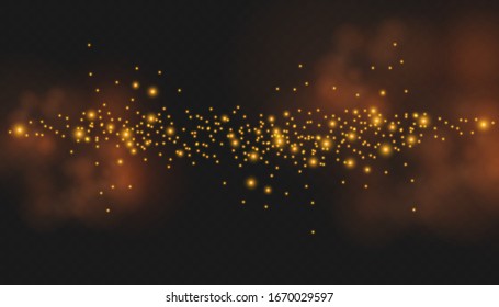 The dust sparks and golden stars shine with special light. Vector sparkles on a transparent background. Christmas light effect. Sparkling magical dust particles.