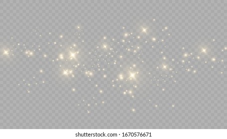 The dust sparks and golden stars shine with special light. Vector sparkles on a transparent background. Christmas light effect. Sparkling magical dust particles.